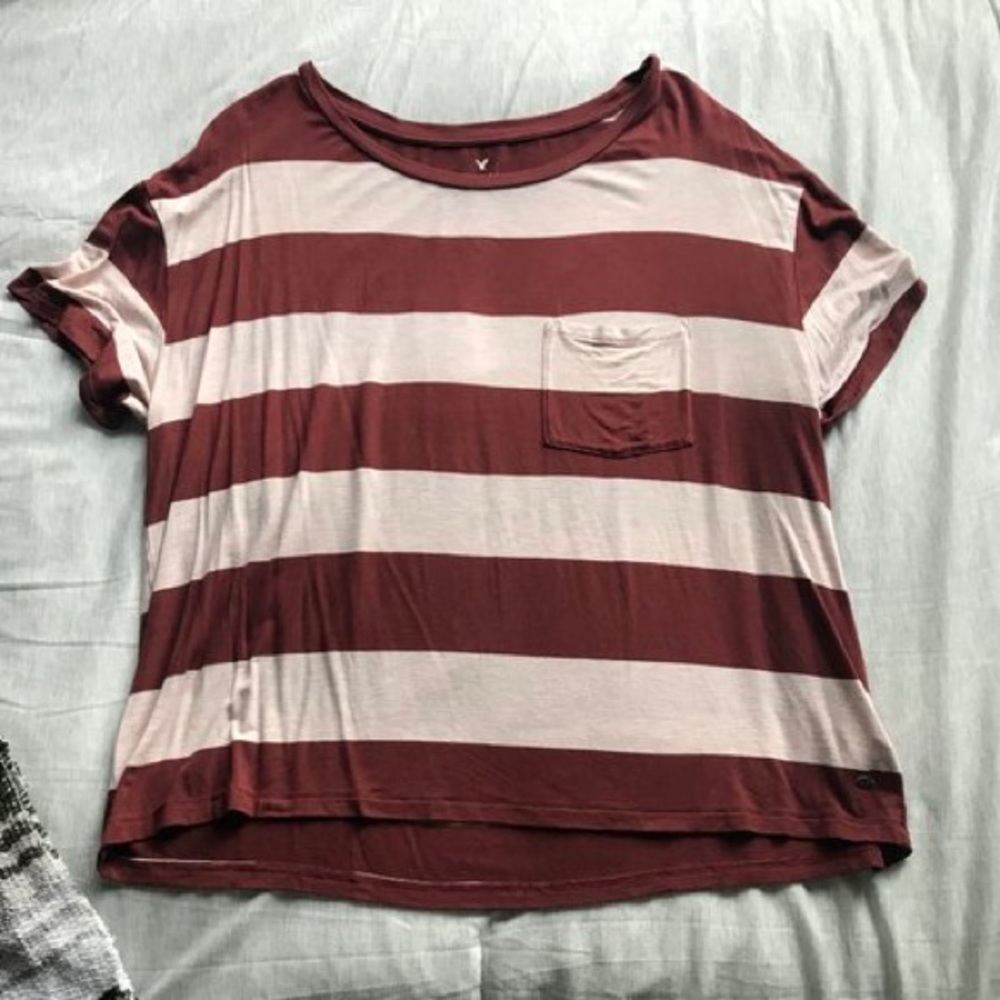 American Eagle Maroon Striped Tee